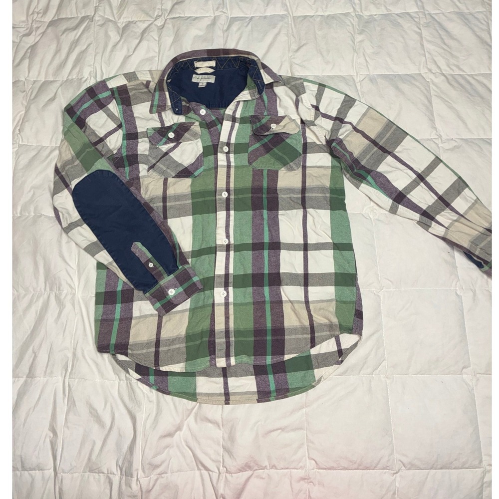 Free Assembly Mens Plaid Flannel Shirt Green Purple Elbow Patches Size M